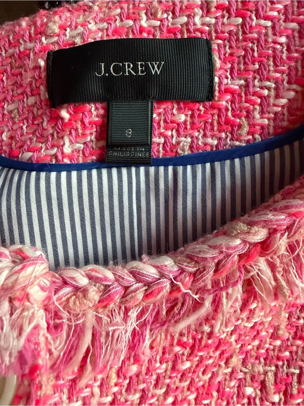 J.Crew Pink Tweed Lady Jacket Peplum Fringe Braided Trim Blazer Size 8
